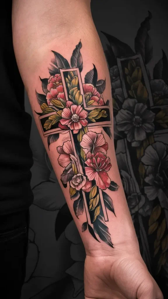 Floral Cross Tattoo design for Men on Forearm 1