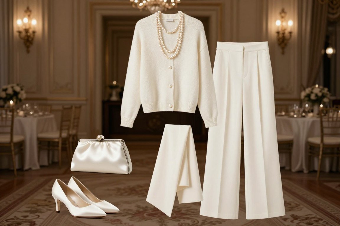 All-ivory evening outfit with wide-leg pants and cashmere sweater set