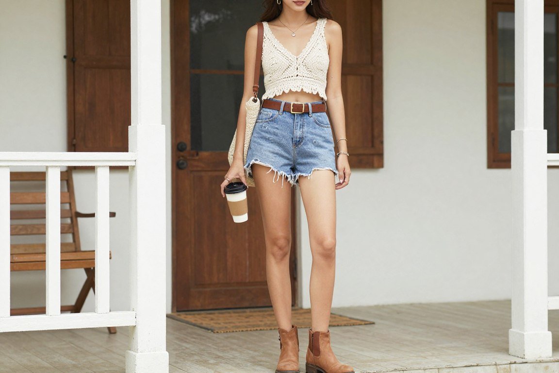 Boho mom in crochet top with high-waisted shorts