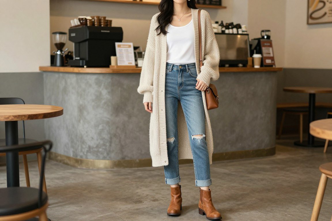 Boho mom in long cardigan with jeans and tank