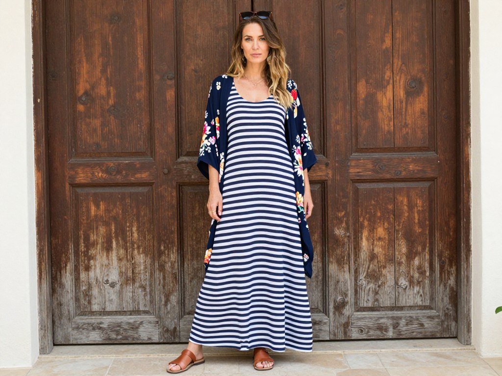 Boho mom in striped maxi dress with kimono cardigan