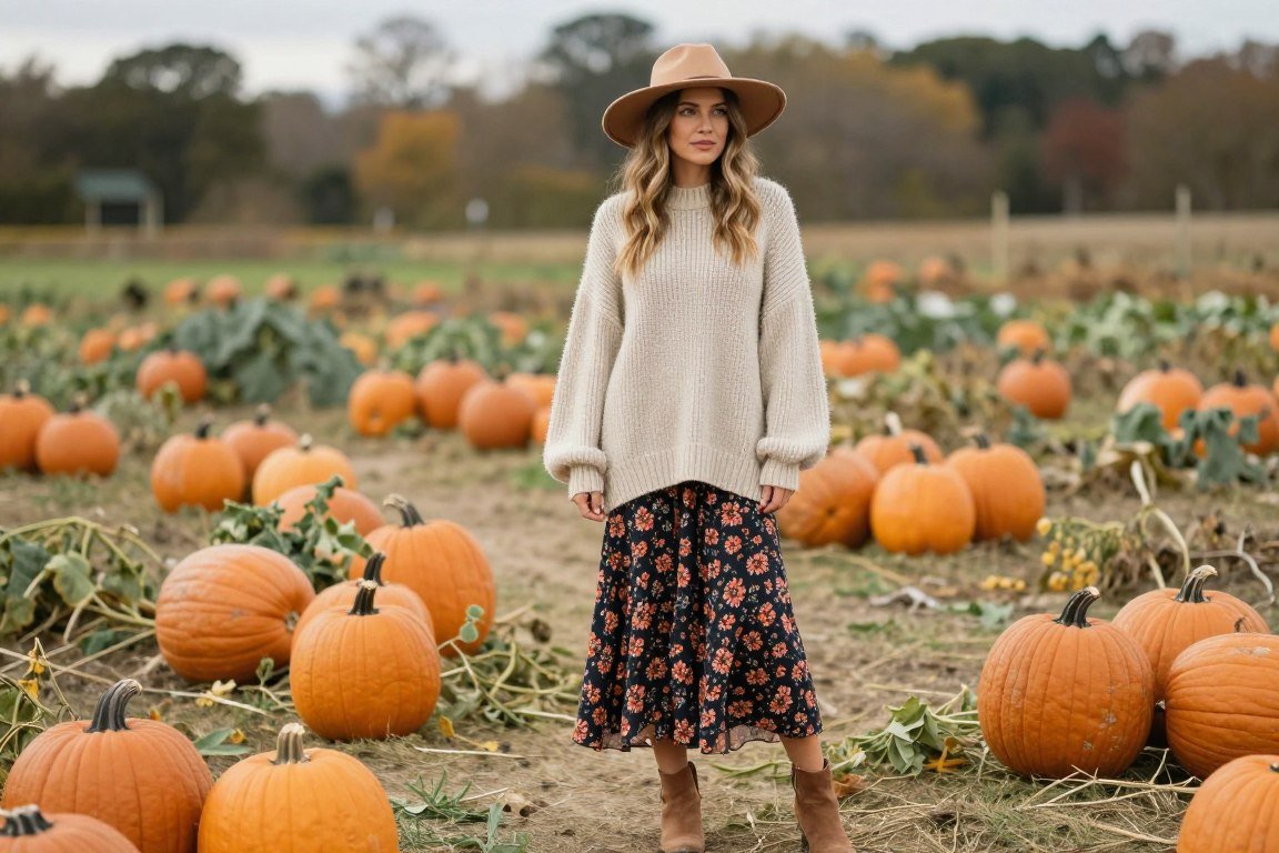 Boho mom in sweater with maxi skirt and booties