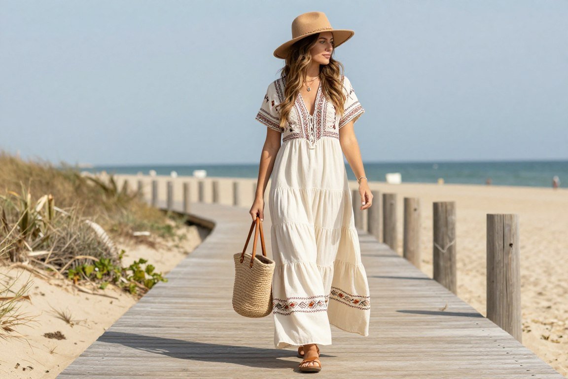 Boho mom in tiered maxi dress with wide-brimmed hat