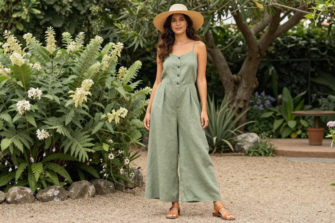 Boho mom in wide-leg linen jumpsuit with sandals