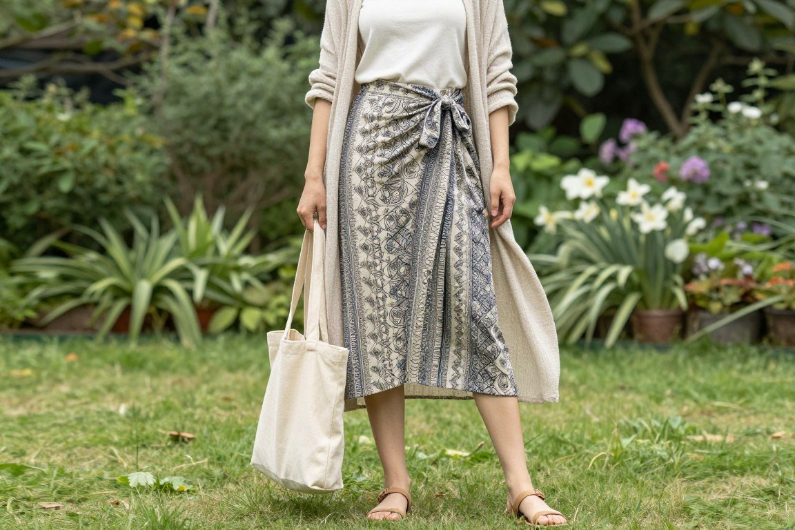 Boho mom in wrap skirt with tank and cardigan