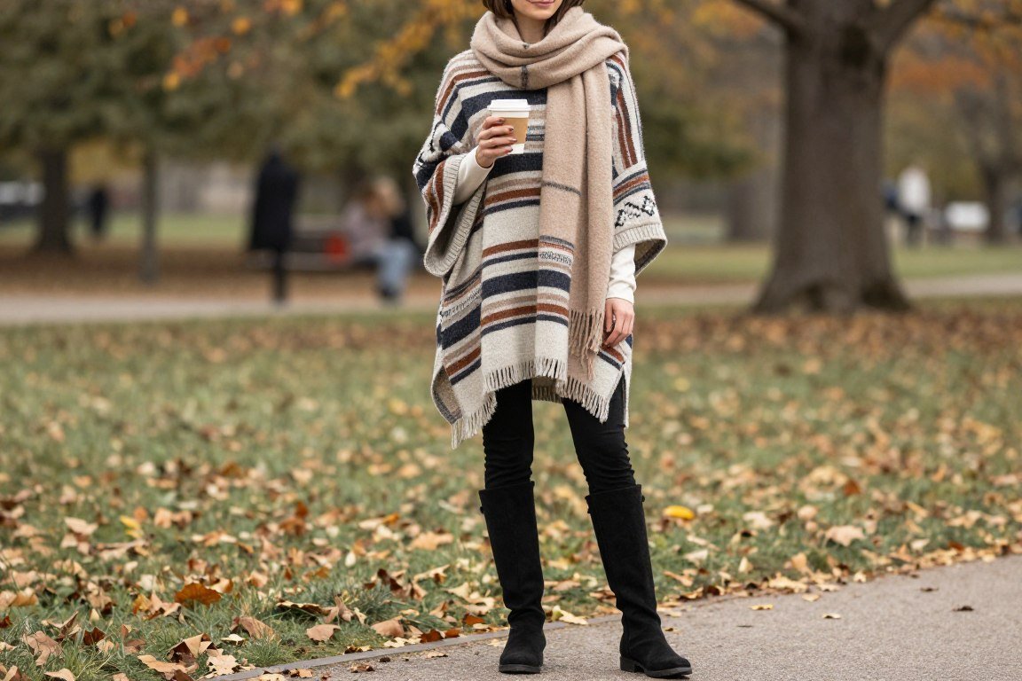 Boho mom wearing poncho with leggings and boots