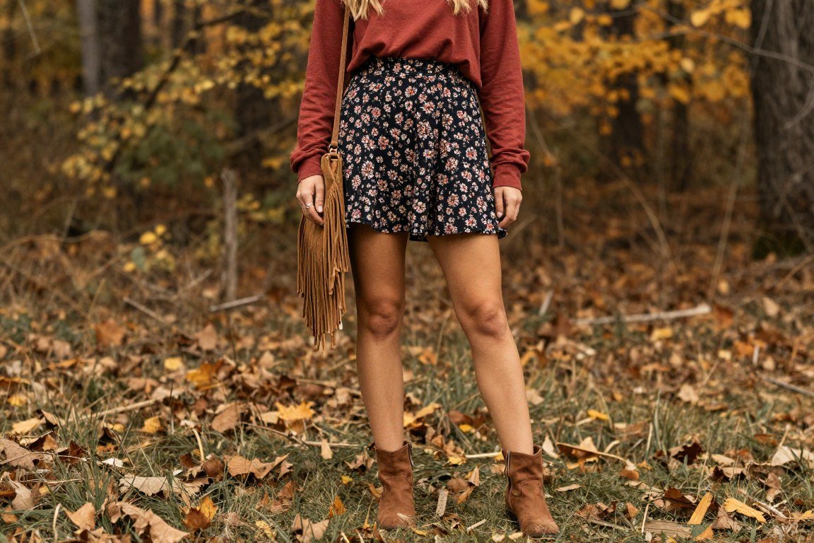 Boho mom wearing printed mini skirt with ankle boots