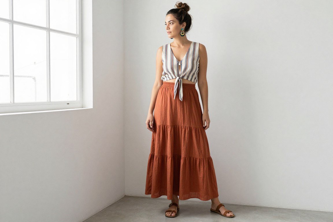 Boho mom wearing tie-front top with maxi skirt