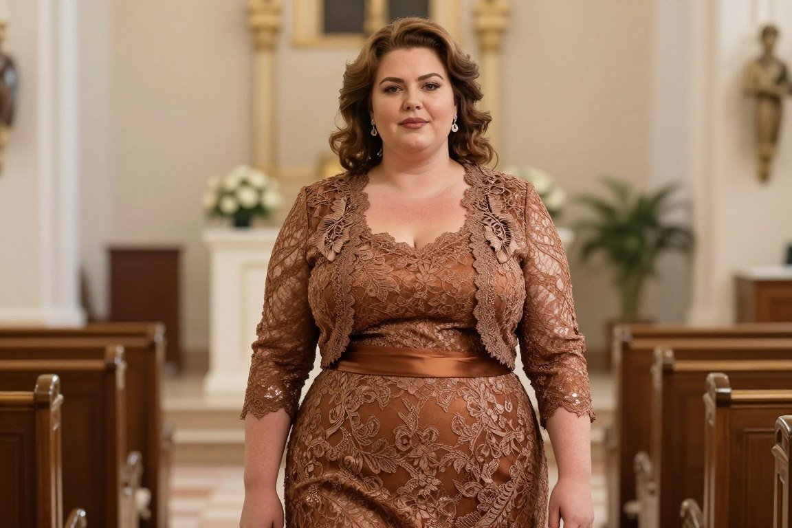 Bronze lace dress with matching bolero for mother bride groom
