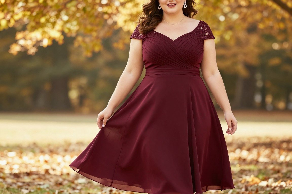 Burgundy A-line dress with cap sleeves for fall wedding mother bride
