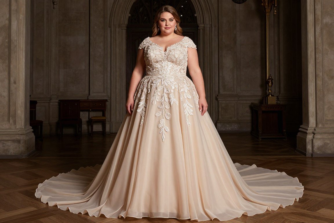 Champagne A-line gown with embroidered bodice for plus size mother bride