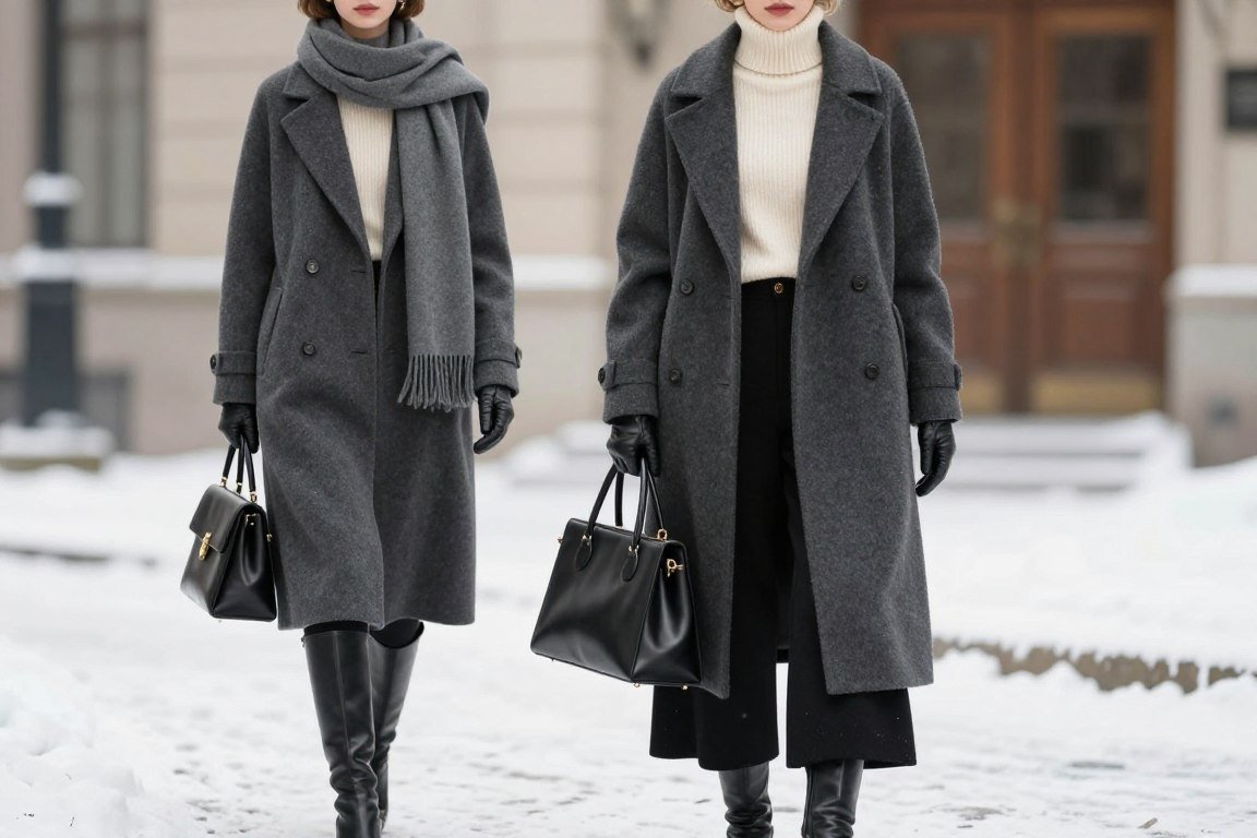 Charcoal gray cashmere coat over cream sweater with black pants