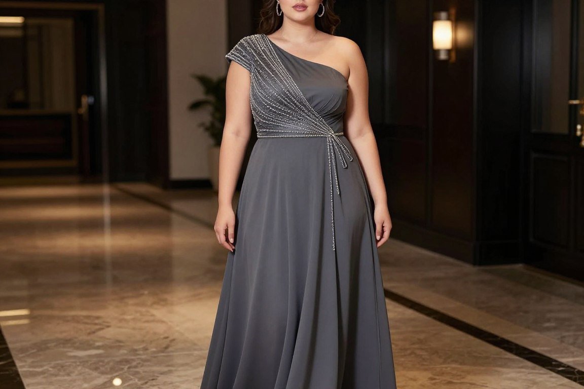 Charcoal one shoulder gown with beaded shoulder detail for mother