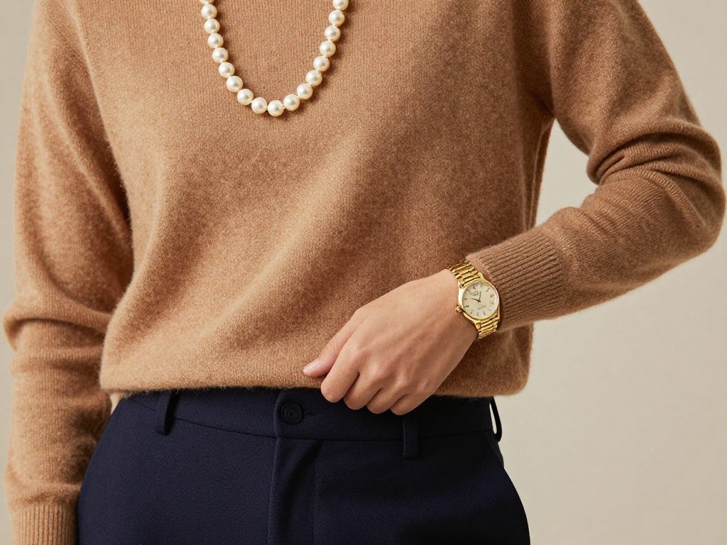 Close-up of camel cashmere sweater paired with pearl necklace and gold watch