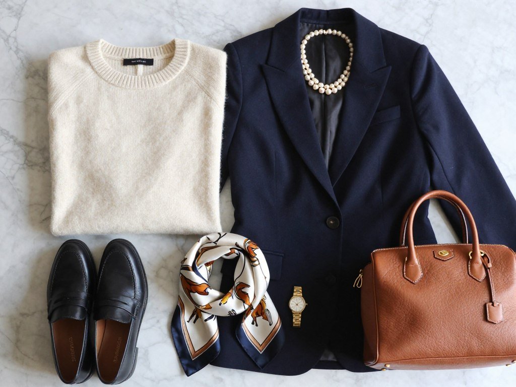 Collage of classic old money wardrobe pieces including cashmere sweater, tailored blazer, and pearl jewelry