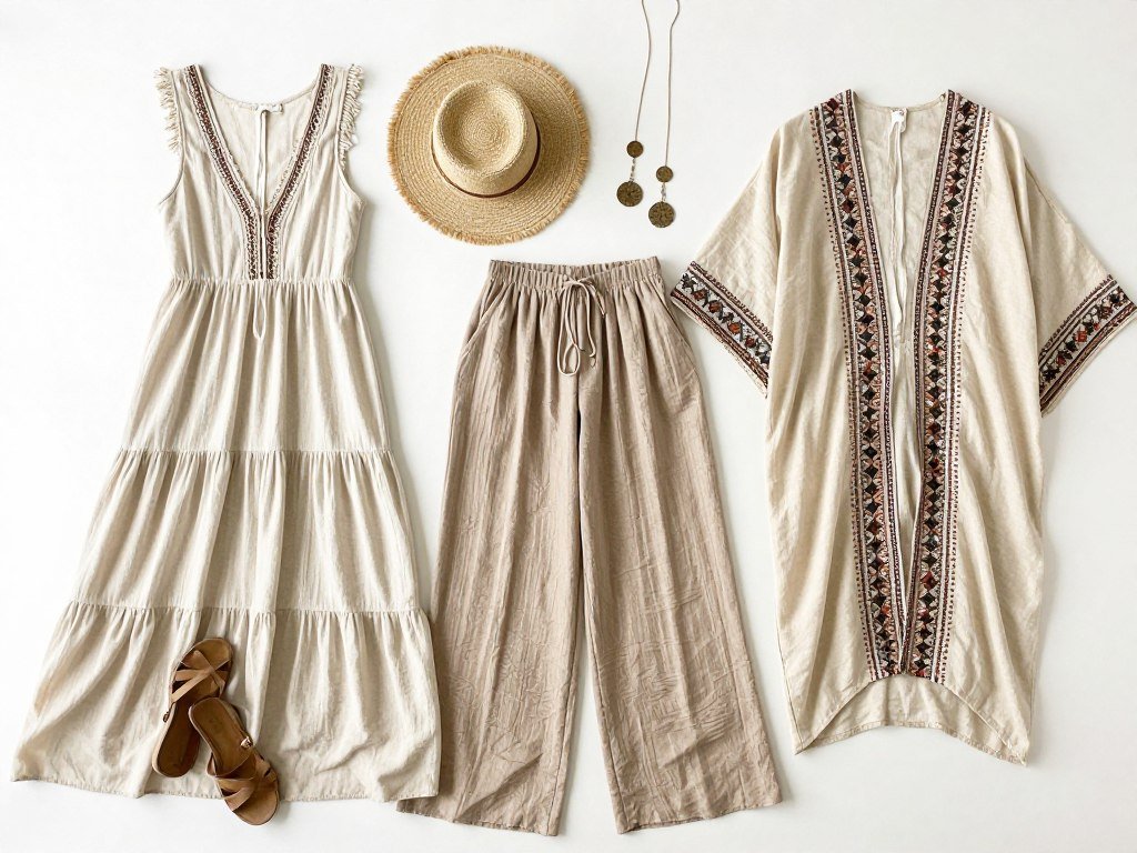 Collection of essential plus size boho clothing items laid flat Collection of essential plus size boho clothing items laid flat