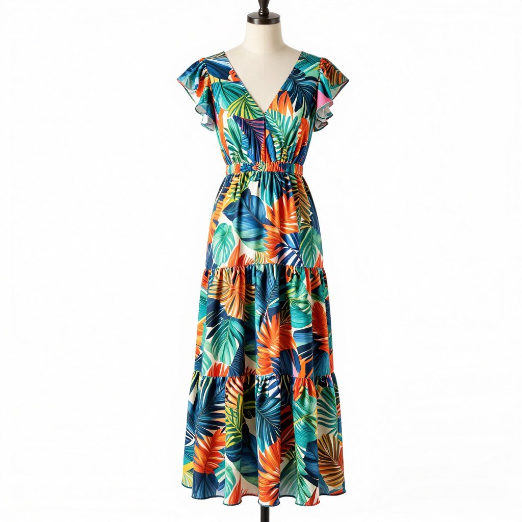 Colorful tiered maxi dress with tropical print for plus size beach wear