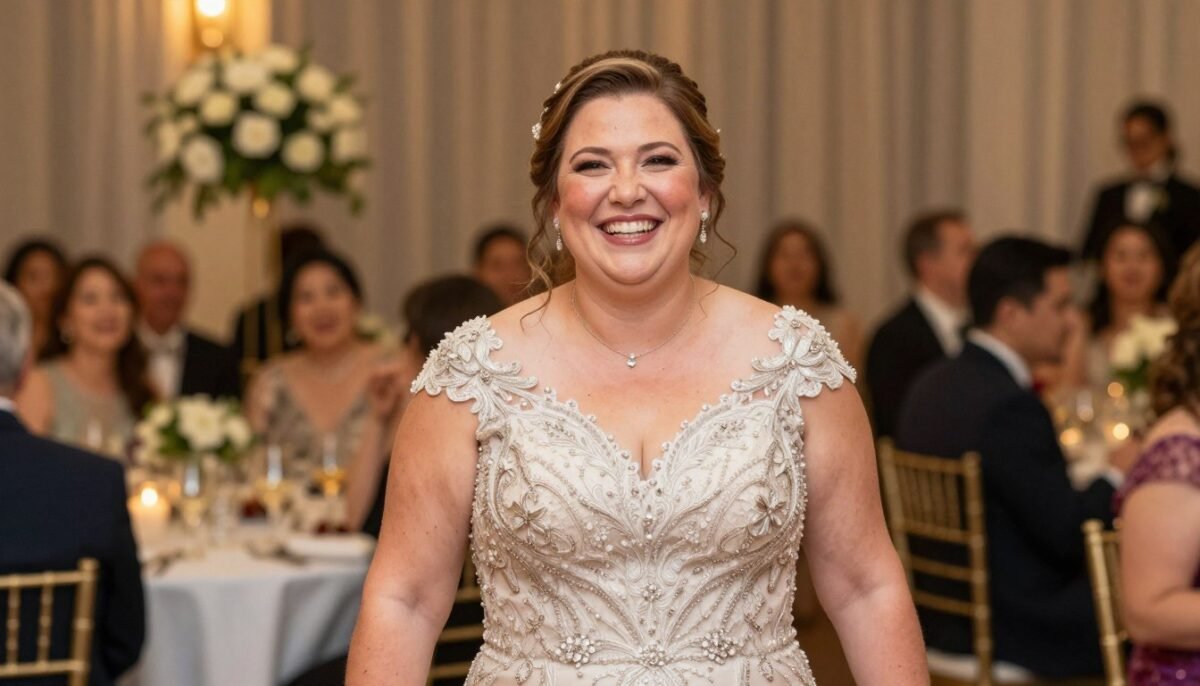 Confident plus size mother of bride smiling at wedding celebration