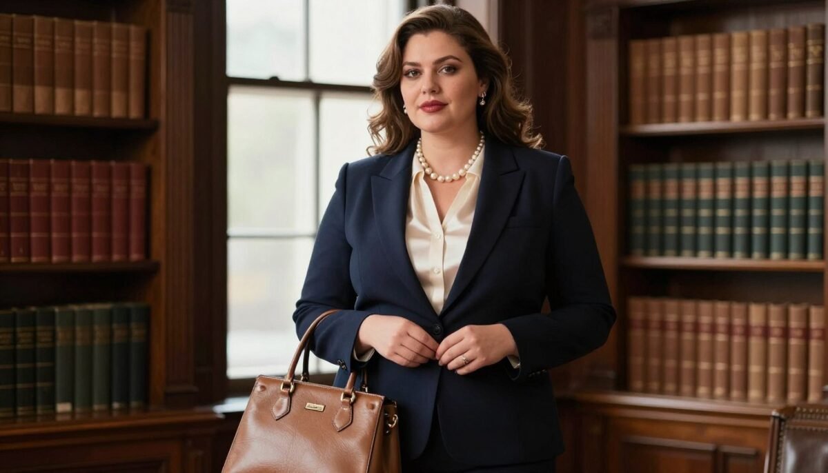 Confident plus size woman embodying old money elegance and poise