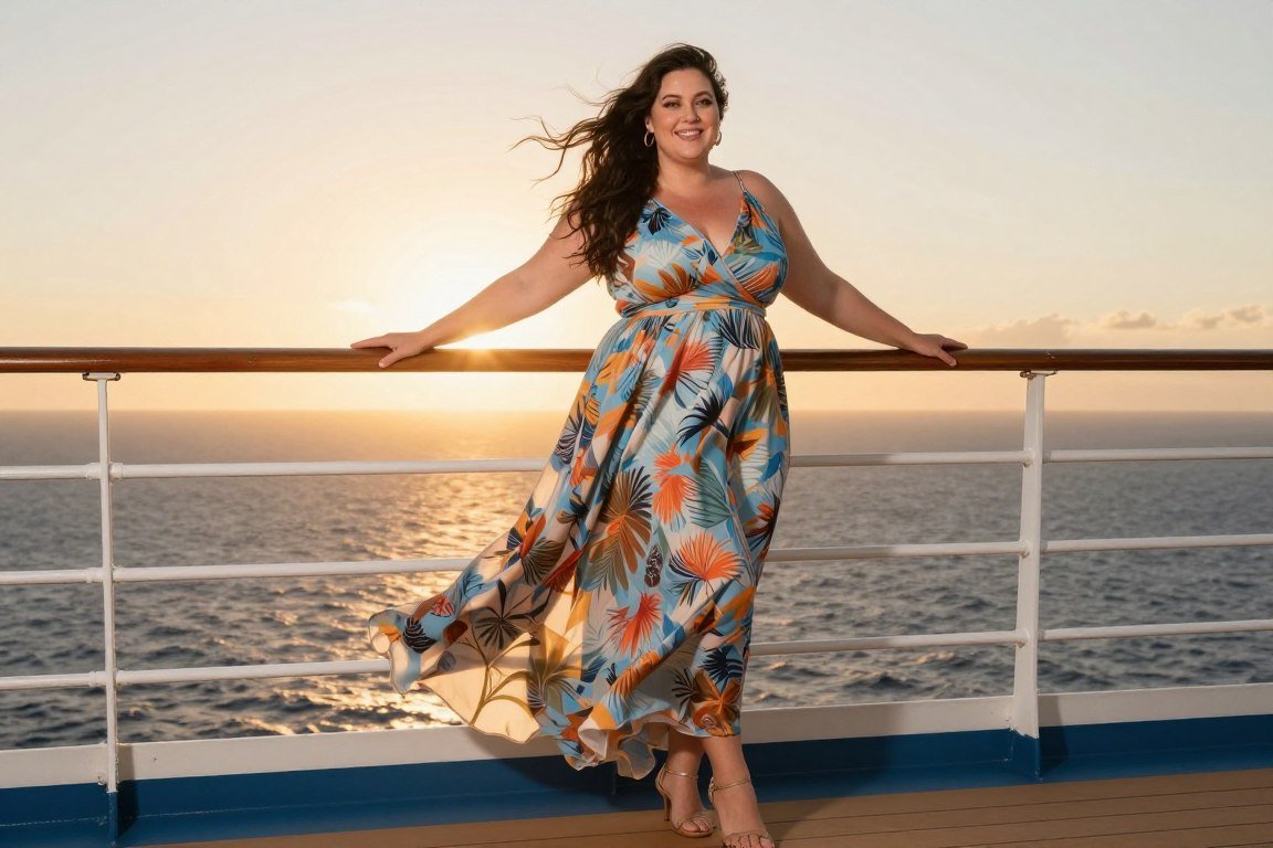Confident plus size woman on cruise ship deck