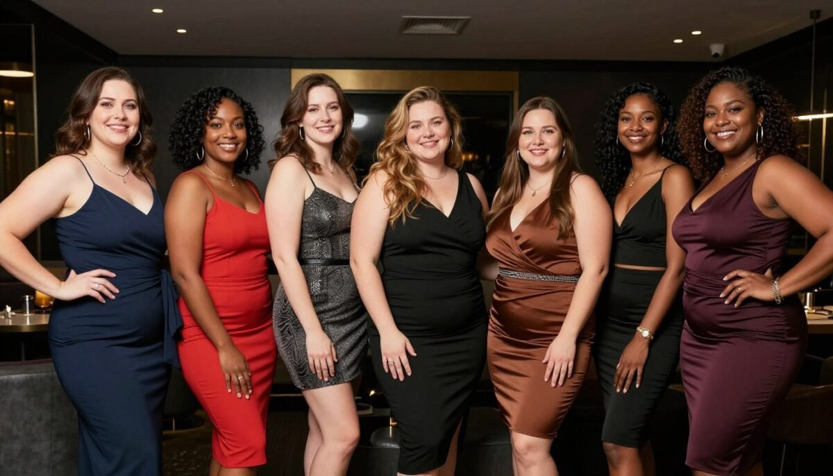 Confident plus size women in various night out outfits