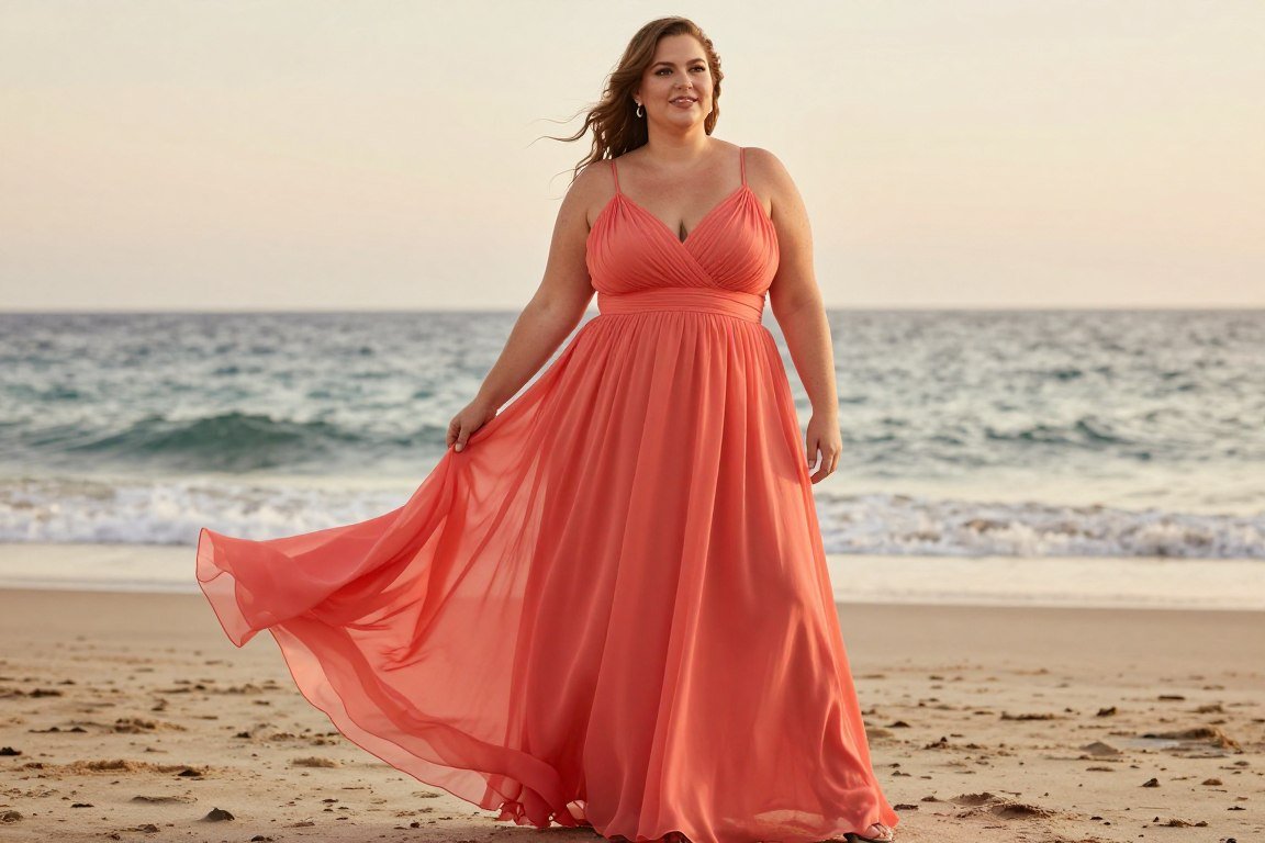 Coral empire waist chiffon dress for beach wedding mother bride
