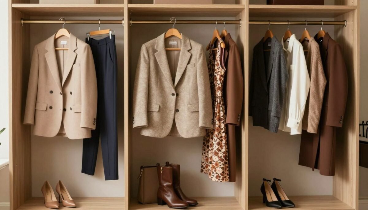 Curated wardrobe display showing old money essentials for plus size