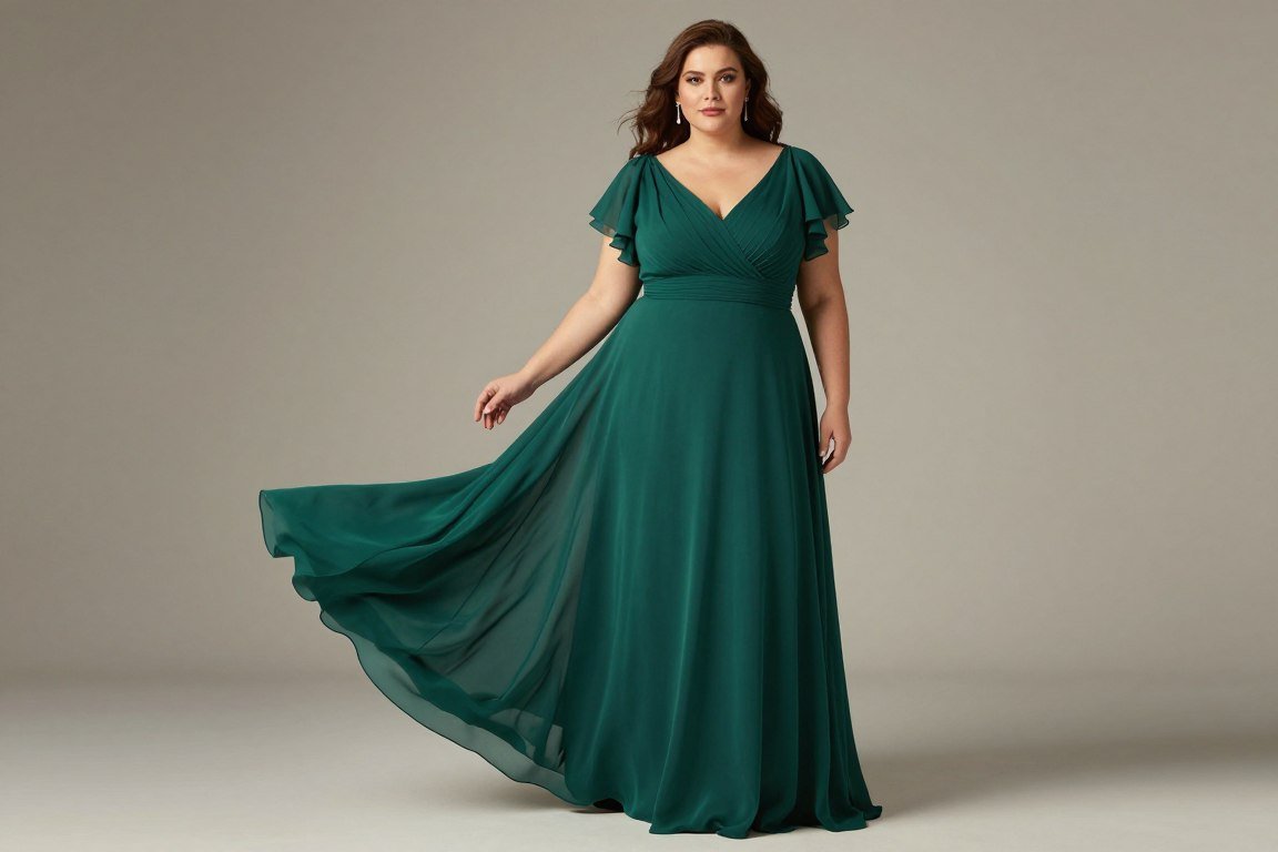 Emerald green empire waist gown with flutter sleeves for mother bride