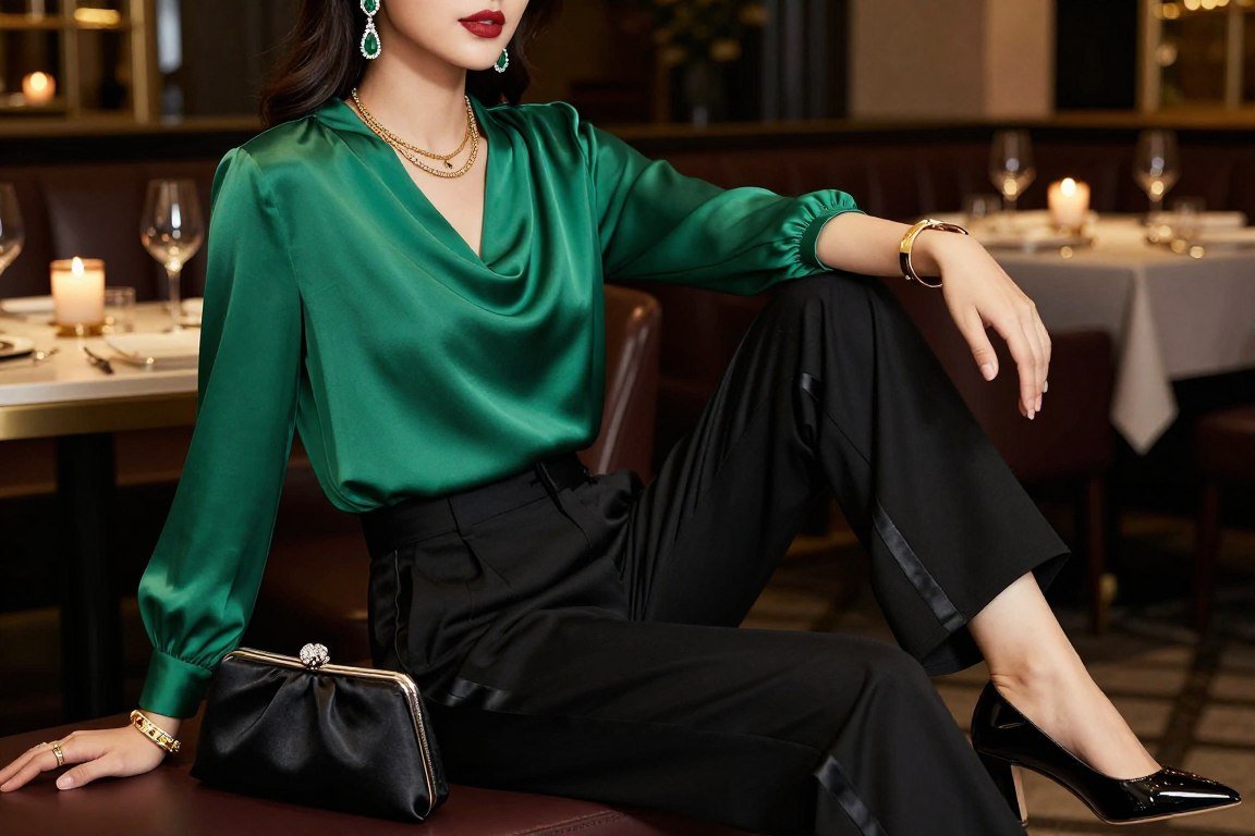 Emerald green silk blouse with black wide-leg evening trousers