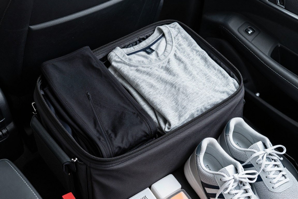 Emergency outfit bag for car with sporty essentials