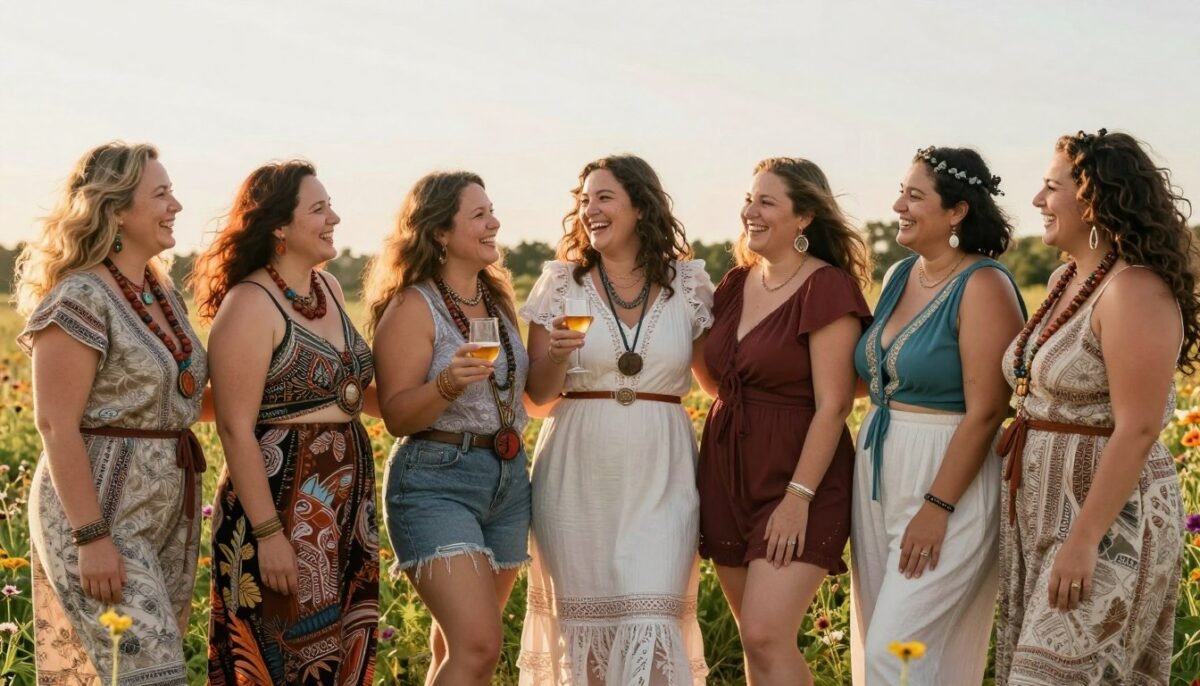Group of diverse plus size women in boho fashion celebrating Group of diverse plus size women in boho fashion celebrating