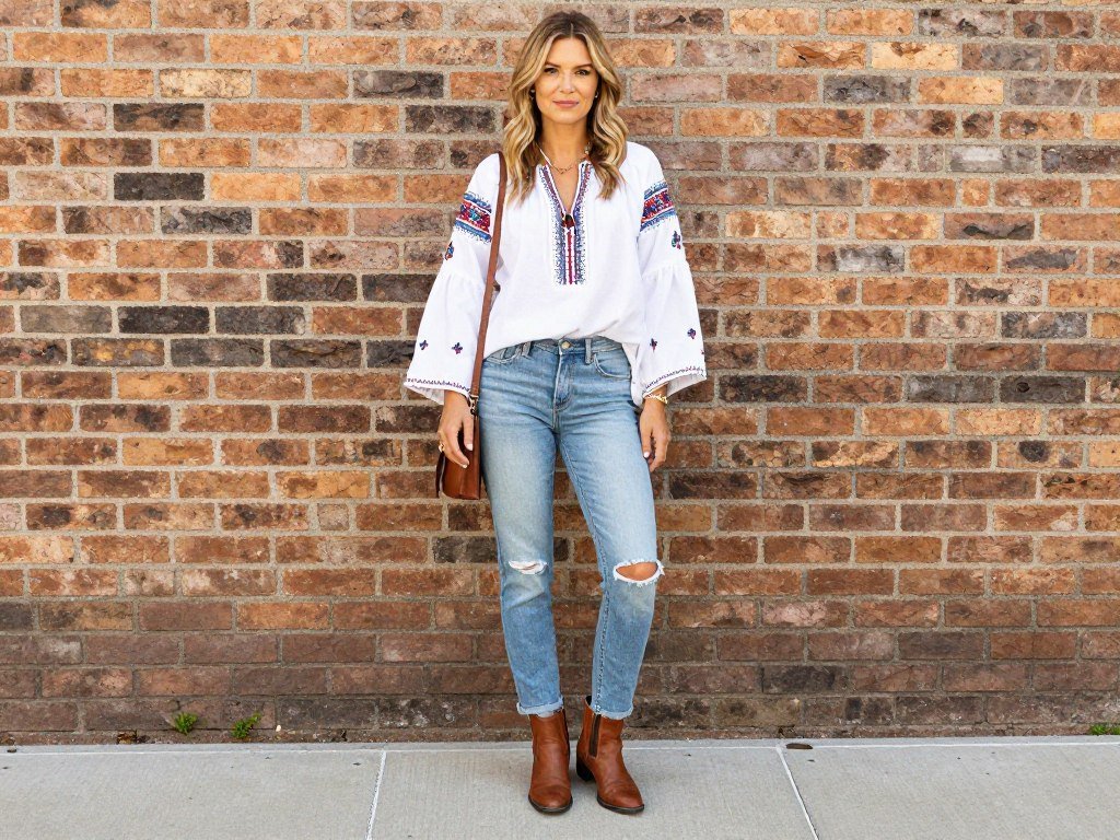Mom in bell-sleeve blouse with distressed jeans