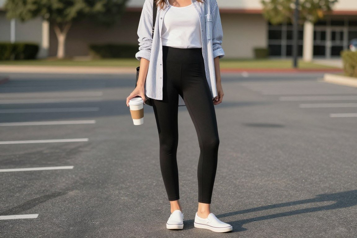 Mom outfit for school drop-off with leggings and oversized shirt