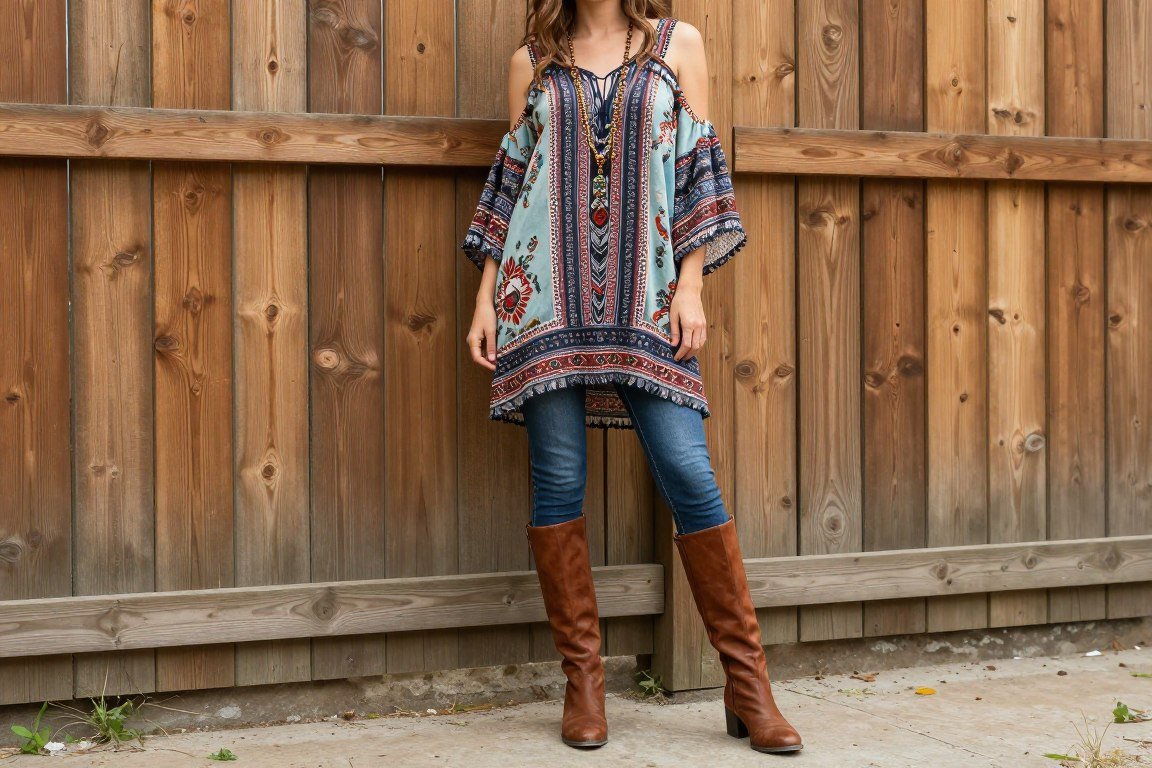 Mom wearing dress over jeans with boots