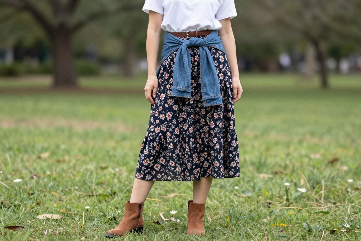 Mom wearing tiered midi skirt with tucked-in tee
