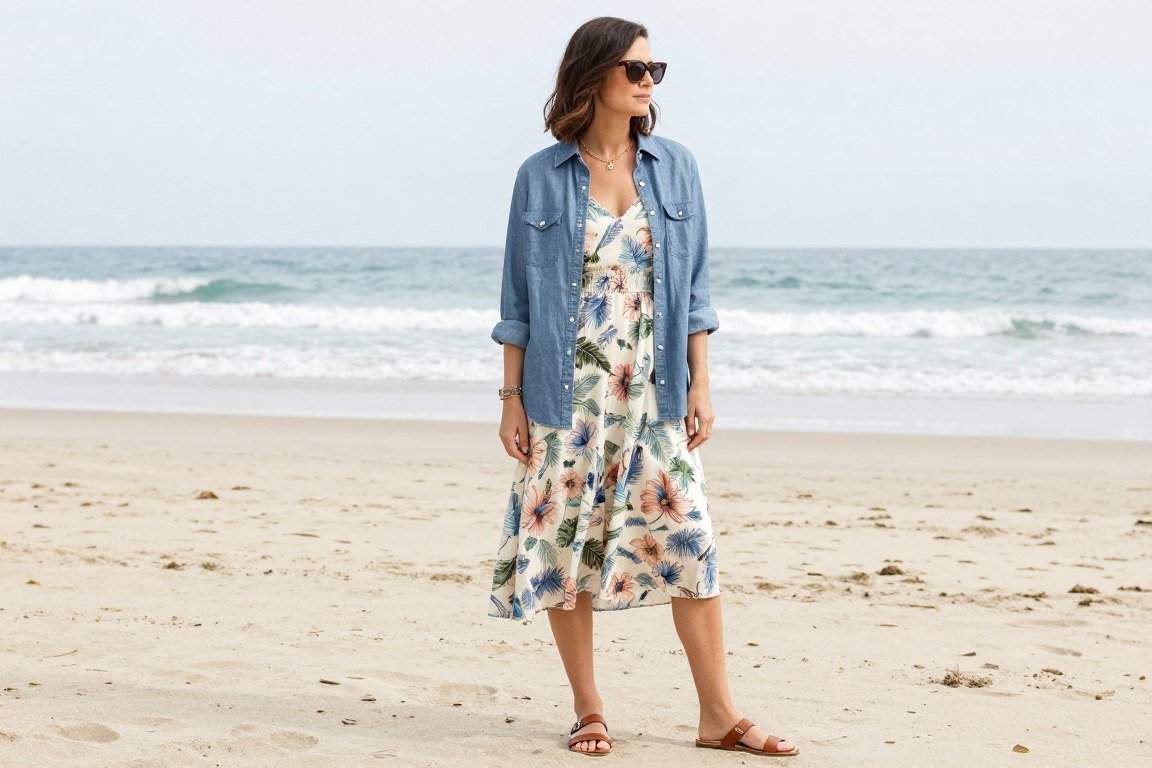 Mother in chambray shirt over dress with sandals