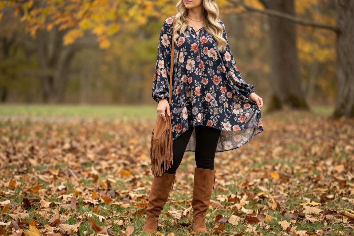 Mother in flowy tunic with leggings and boots