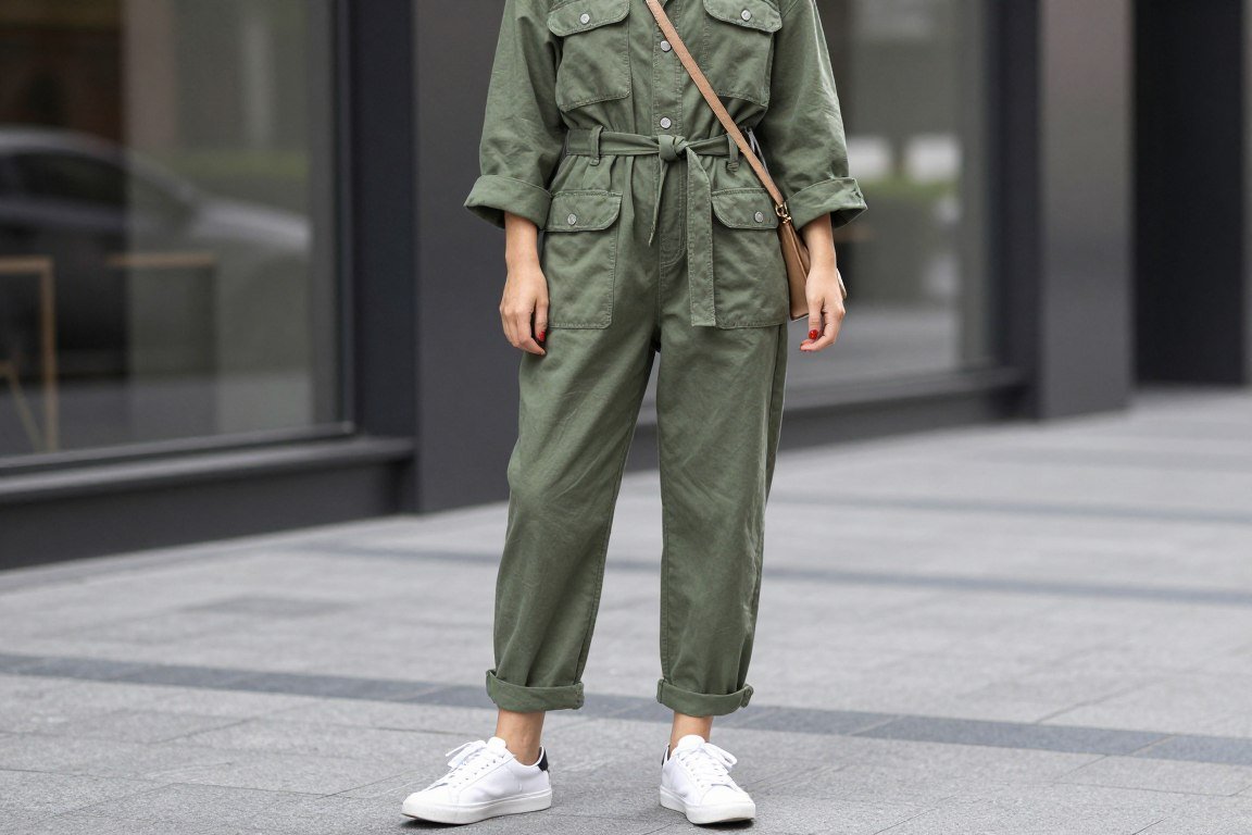Mother in utility-style jumpsuit with sneakers