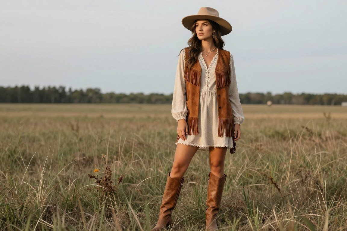 Mother in vest over dress with boots