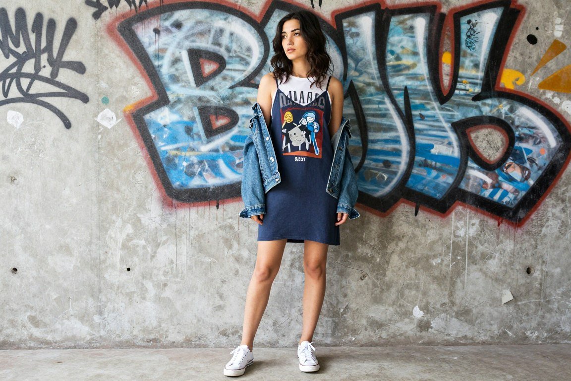 Mother wearing graphic tee under slip dress with sneakers