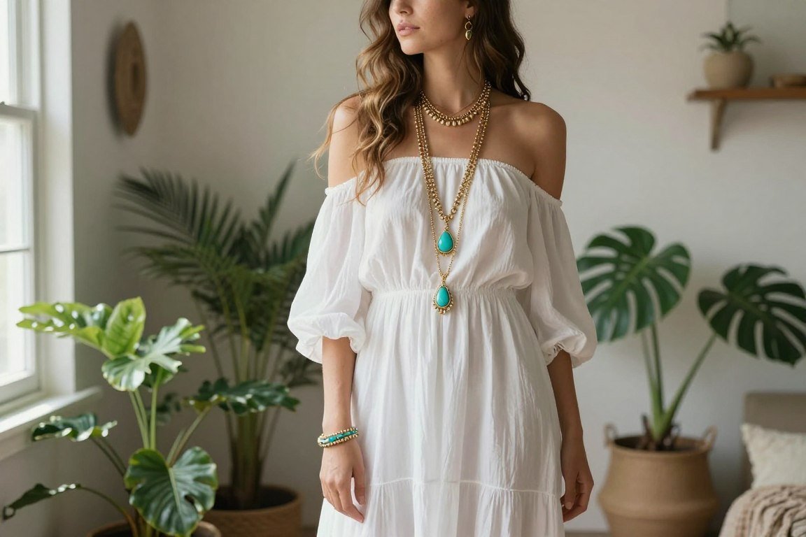 Mother wearing off-shoulder maxi dress with statement jewelry