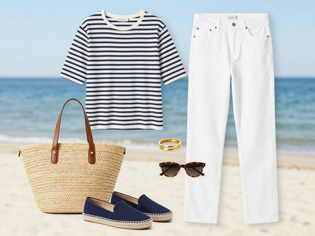 Navy and white striped boat neck top paired with white jeans and espadrilles
