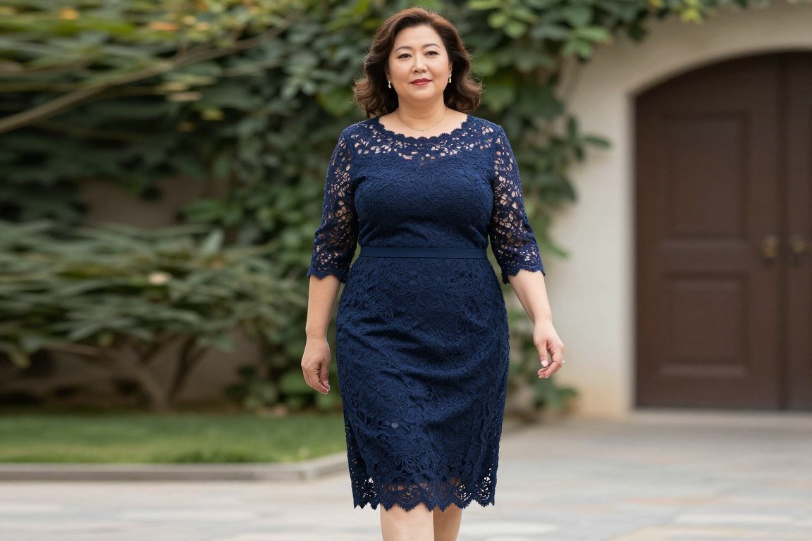 Navy lace A-line dress with three-quarter sleeves for plus size mother