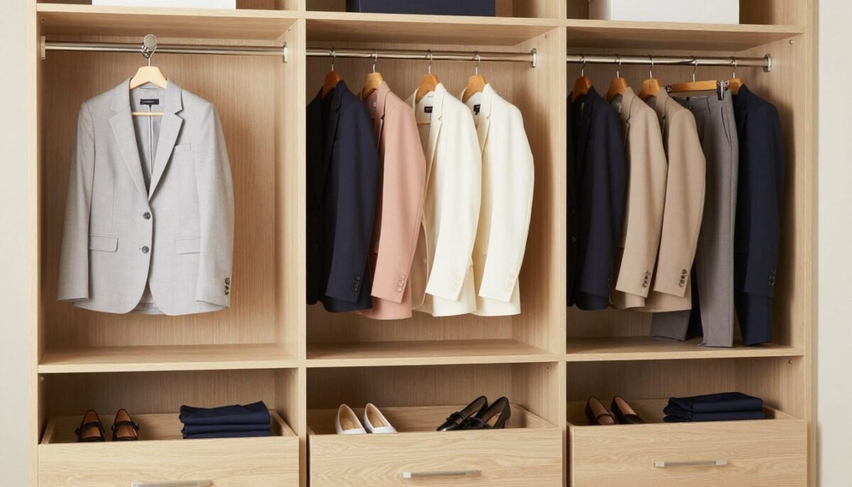 Organized plus size professional wardrobe showing seasonal rotation system