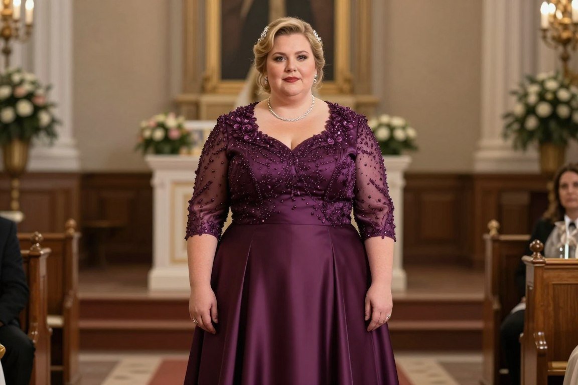 Plum empire waist dress with jacket for traditional mother bride