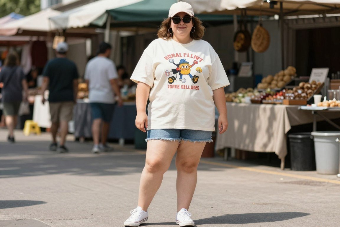 Plus size basic tee and shorts 90s casual outfit