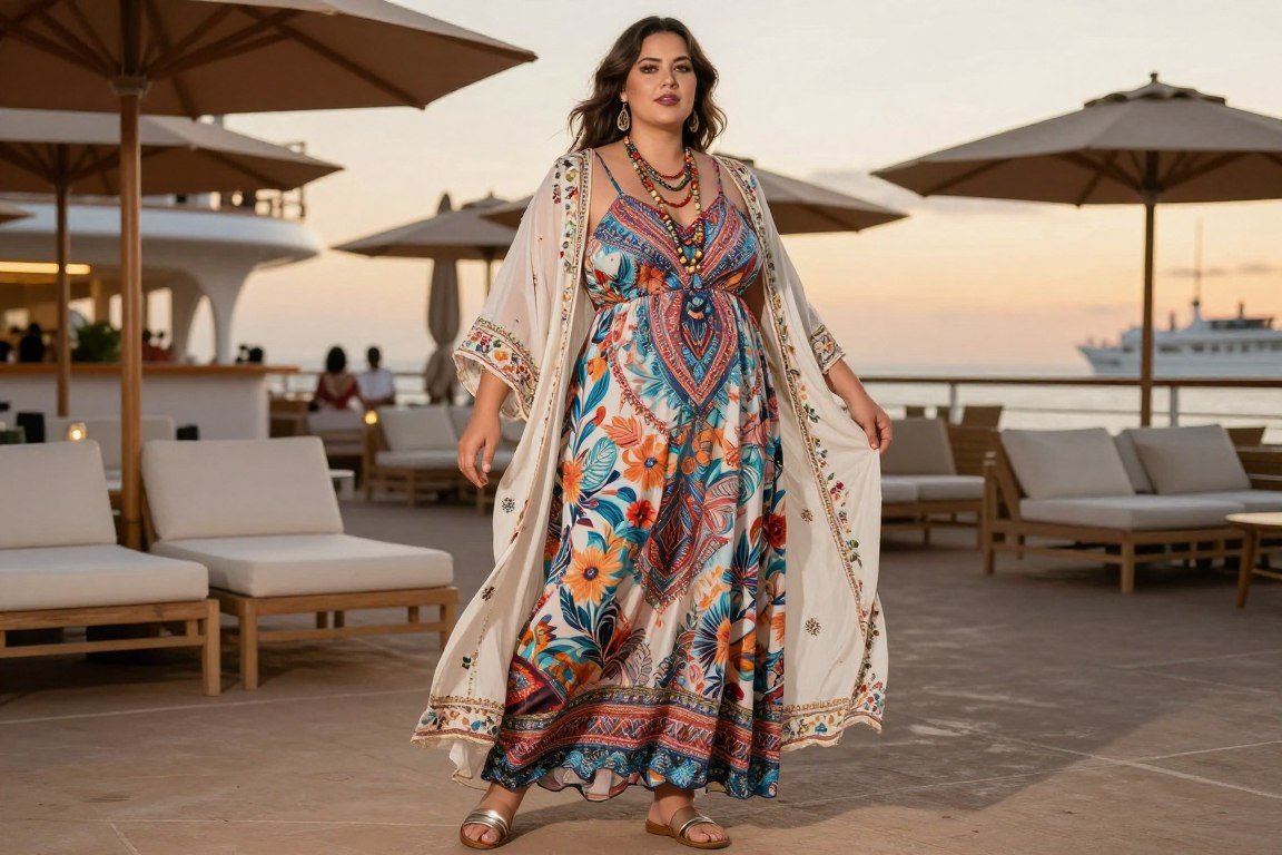 Plus size bohemian maxi dress with kimono for cruise resort evening