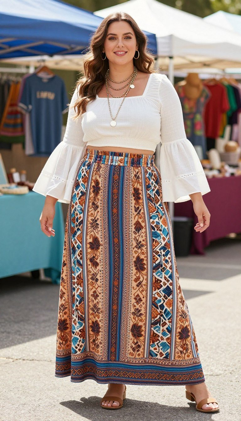 Plus size boho crop top and maxi skirt combination Plus size boho crop top and maxi skirt combination