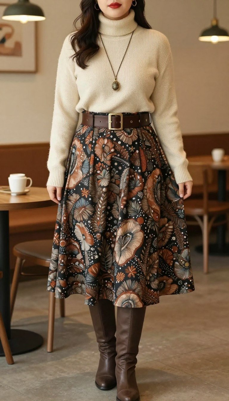 Plus size boho midi skirt with turtleneck outfit Plus size boho midi skirt with turtleneck outfit