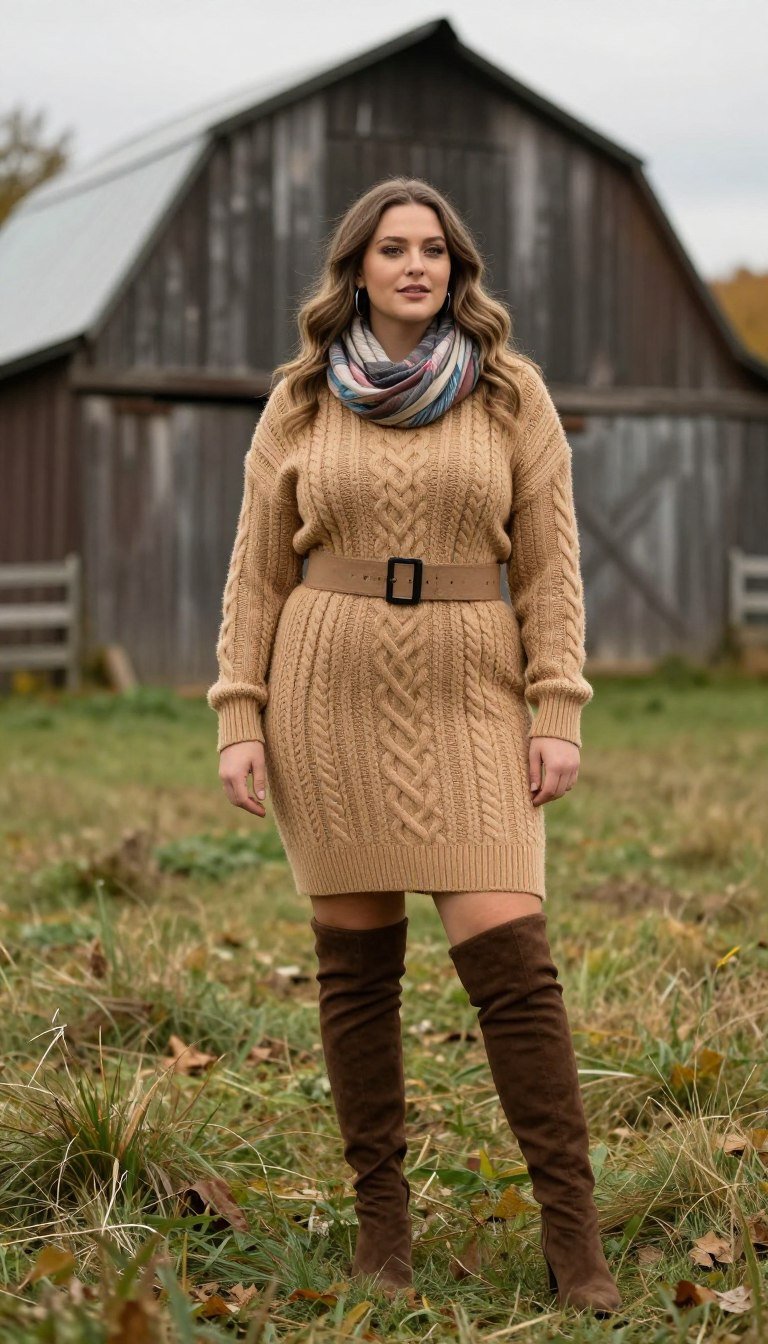 Plus size boho sweater dress with tall boots Plus size boho sweater dress with tall boots